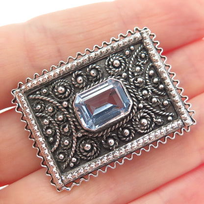 925 Sterling Silver Vintage Jerusalem Israel Real Blue Topaz Oxidized Pin Brooch