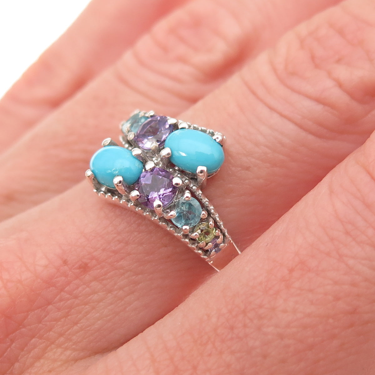 Chuck Clemency 925 Sterling Silver Real Turquoise & Multi-Gem Bypass Ring Size 6