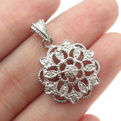 CHUCK CLEMENCY 925 Sterling Silver Real Round-Cut Diamond Flower Pendant