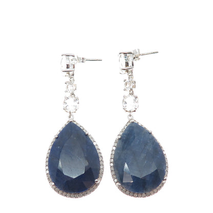 925 Sterling Silver Real Diamond White Topaz & Sapphire Dangle Earrings