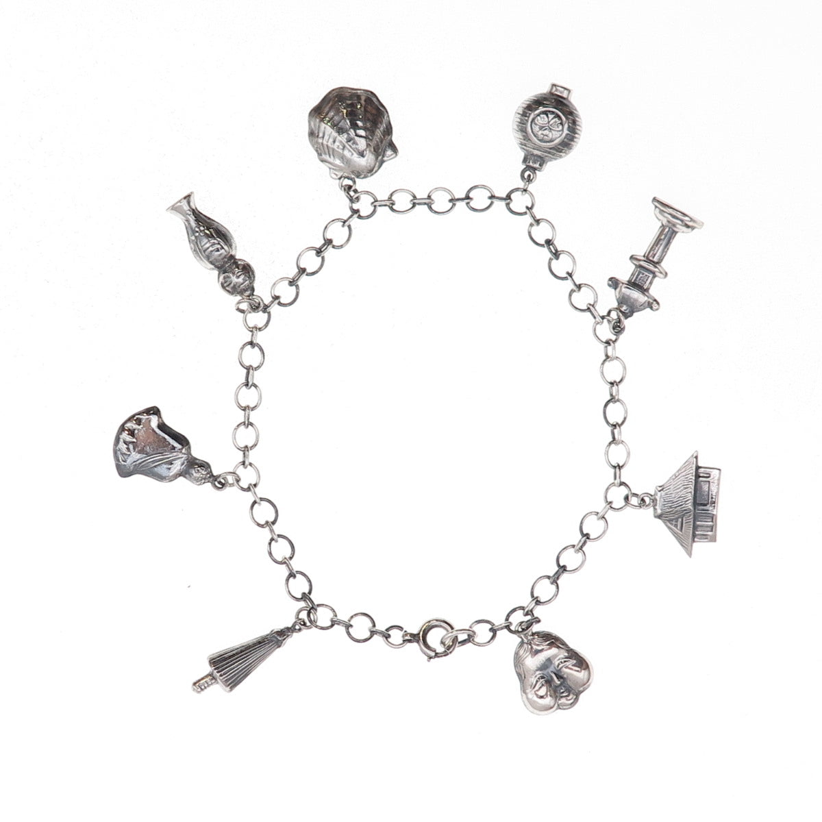 925 Sterling Silver Antique Art Deco Japanese Dangle Charm Bracelet 7.75"