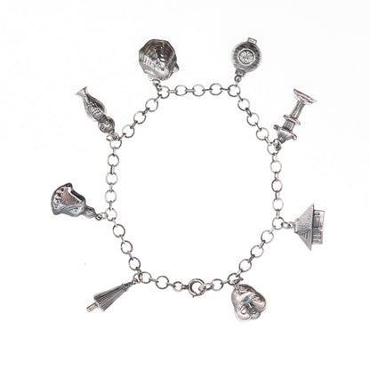 925 Sterling Silver Antique Art Deco Japanese Dangle Charm Bracelet 7.75"