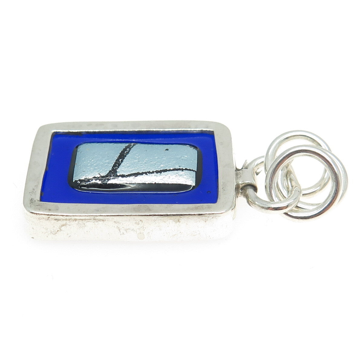 925 Sterling Silver Vintage Blue Glass Modernist Charm Pendant