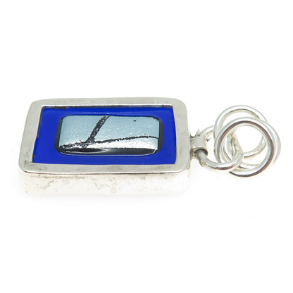 925 Sterling Silver Vintage Blue Glass Modernist Charm Pendant