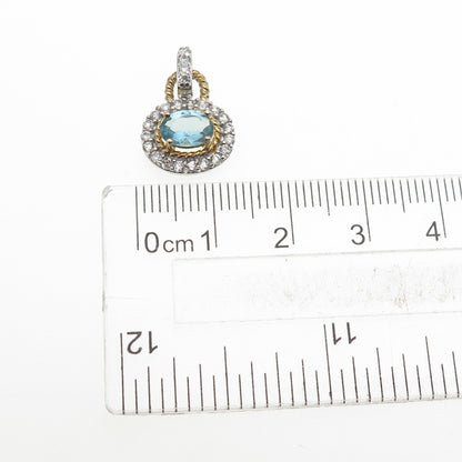 925 Sterling Silver 2-Tone Real Aquamarine & C Z Mini Charm Pendant