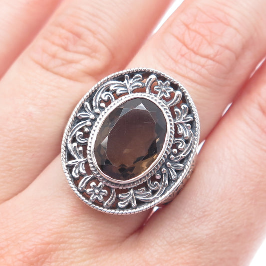 SAMUEL BENHAM BJC 925 Sterling Vintage Real Smoky Quartz Floral Ring Size 7.25