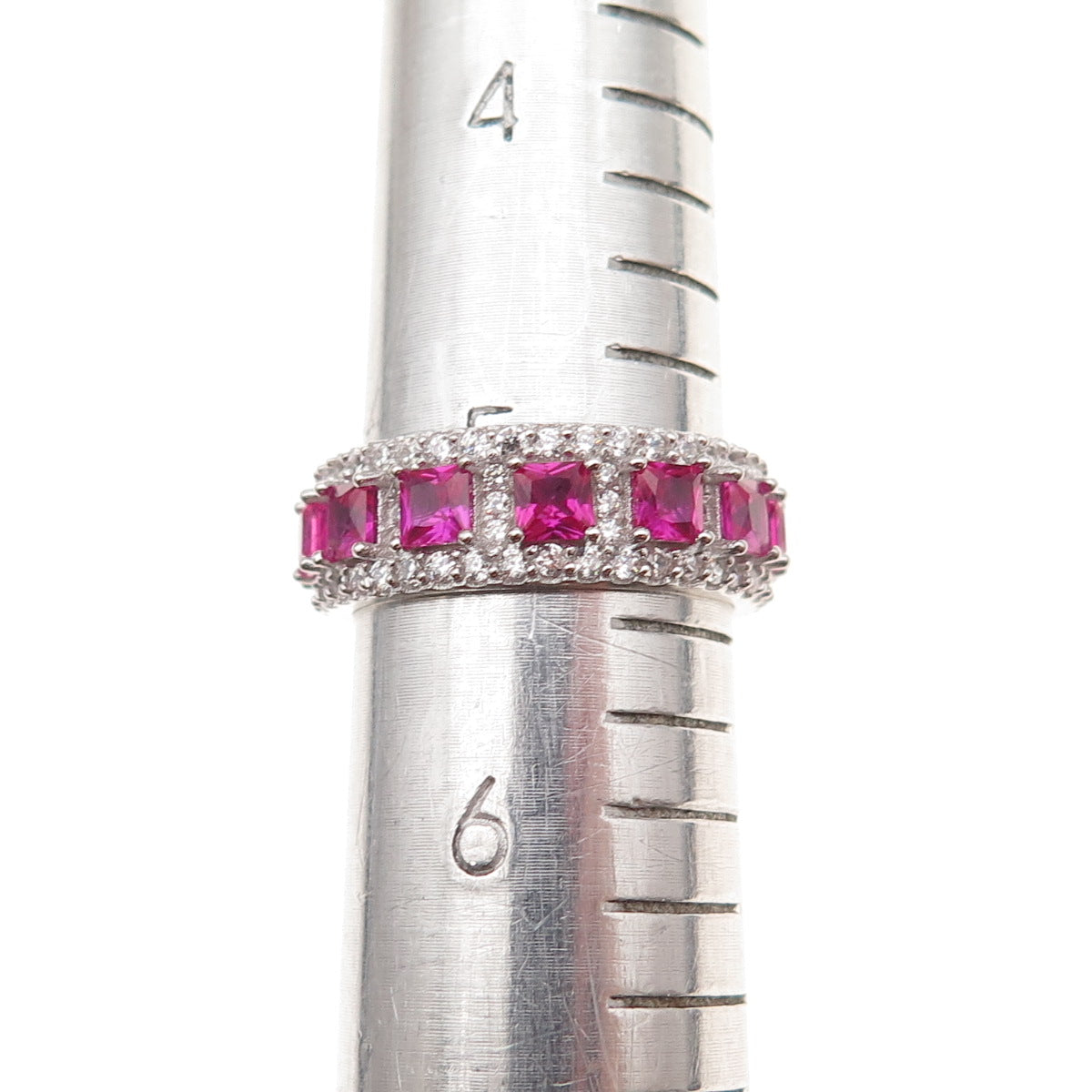 925 Sterling Silver Lab-Created Ruby & C Z All Around Band Ring Size 5.5