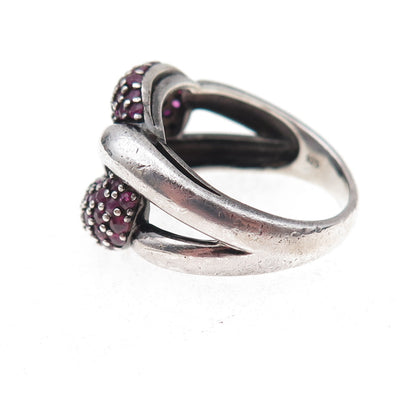 925 Sterling Silver Vintage Real Round-Cut Ruby Interlocked Ring Size 8.25
