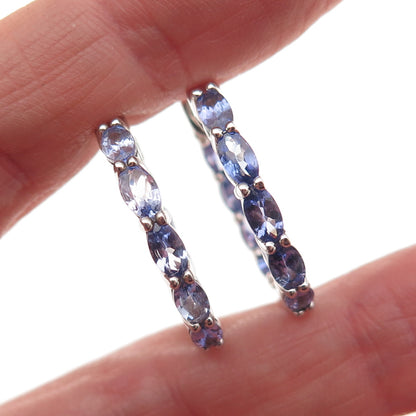 925 Sterling Silver Real Oval-Cut Tanzanite In & Out Hoop Earrings