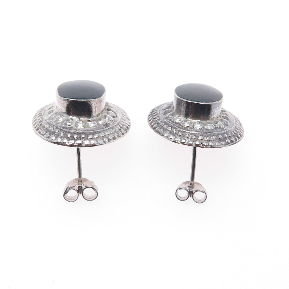 925 Sterling Silver Vintage Real Black Onyx Beaded Oxidized Earrings