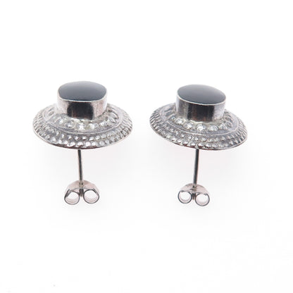 925 Sterling Silver Vintage Real Black Onyx Beaded Oxidized Earrings