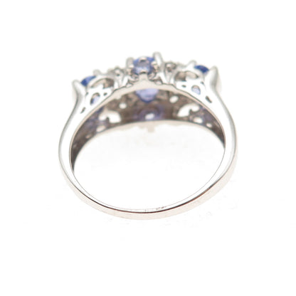 925 Sterling Silver Real Oval-Cut Tanzanite & Round-Cut White Topaz Ring Size 8