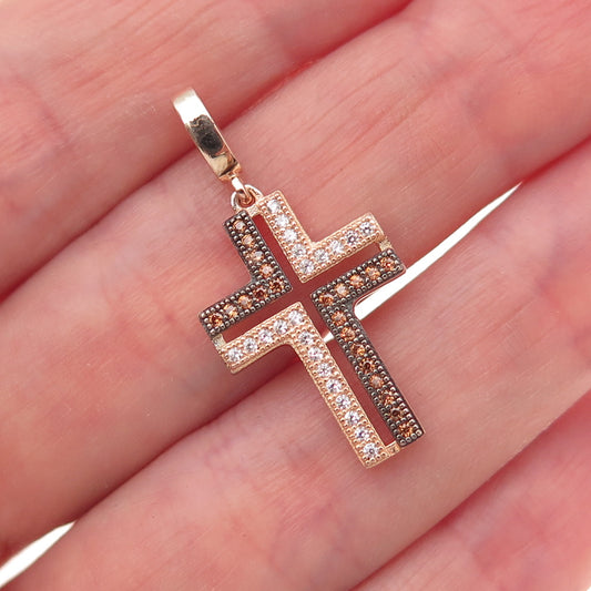 925 Sterling Silver Gold Plated Black Rhodium Cognac & White C Z Cross Pendant