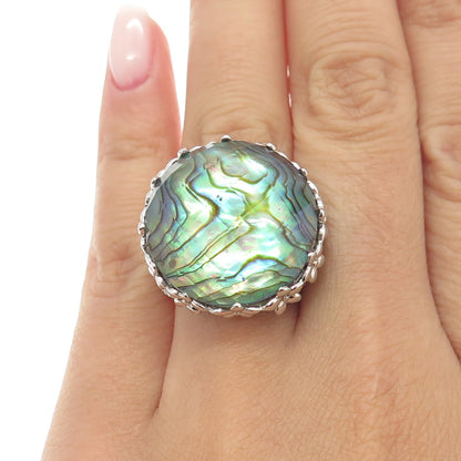 925 Sterling Silver Real Doublet Abalone Shell Floral Wide Ring Size 6.25