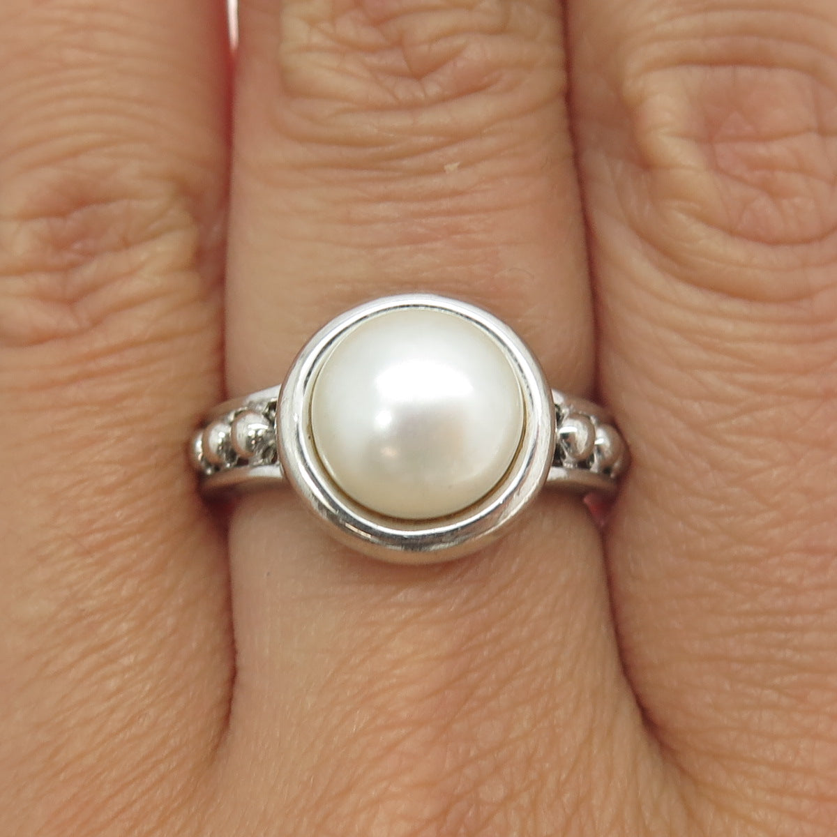 HAROLD TRUJILLO 925 Sterling Silver Vintage Real Pearl Beaded Ring Size 7.25