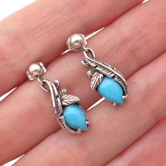 Coleman Co. 925 Sterling Silver 12K Gold Vintage Real Turquoise Floral Earrings