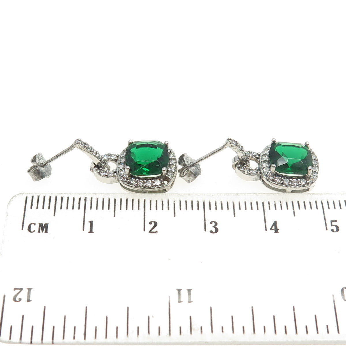 925 Sterling Silver Cushion & Round-Cut Green White C Z Dangling Earrings