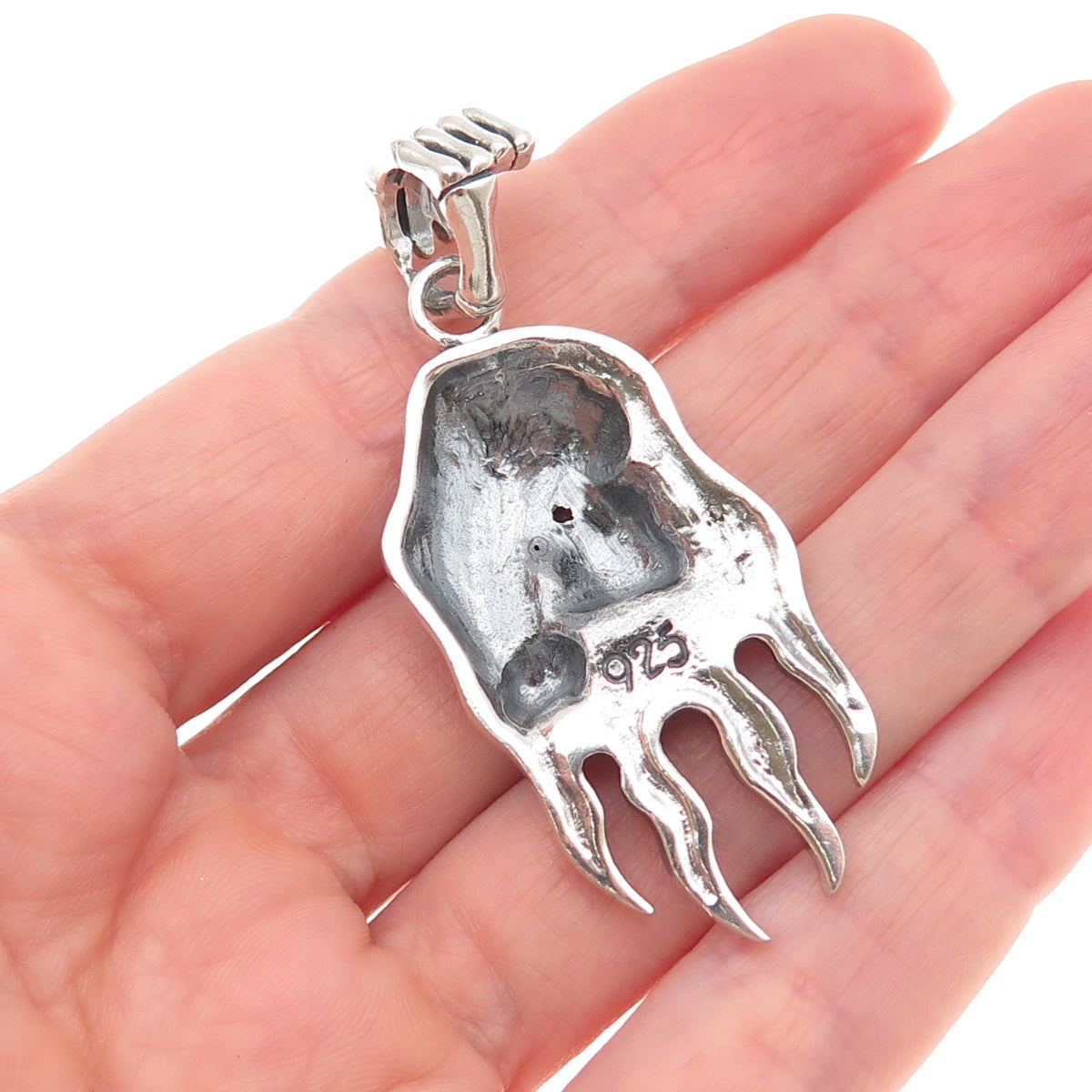 925 Sterling Silver Vintage Real Ruby Santa Muerte Oxidized Charm Pendant