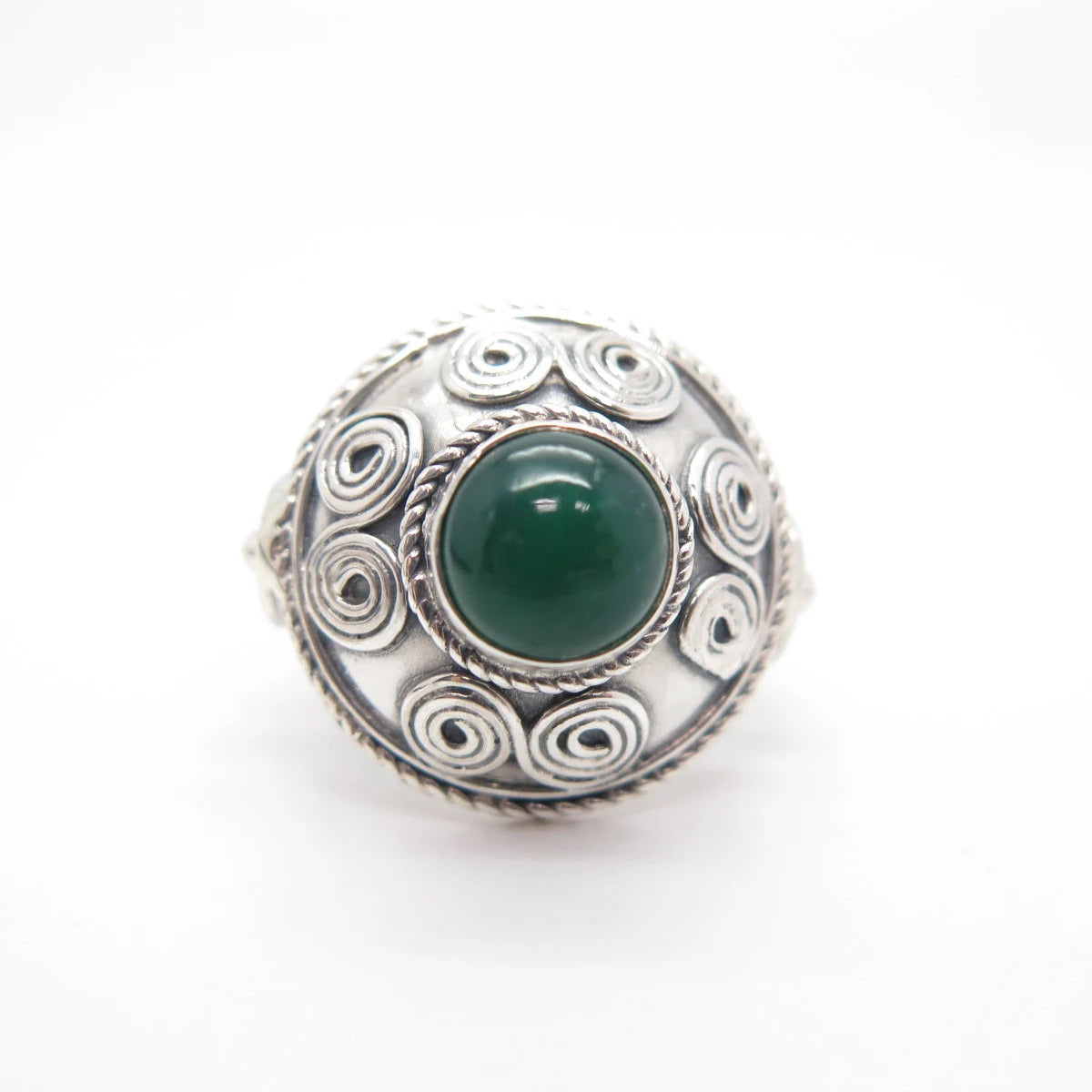 925 Sterling Silver Vintage Real Green Onyx Gem Swirl Round Ring Size 7.75