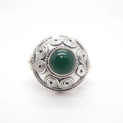 925 Sterling Silver Vintage Real Green Onyx Gem Swirl Round Ring Size 7.75