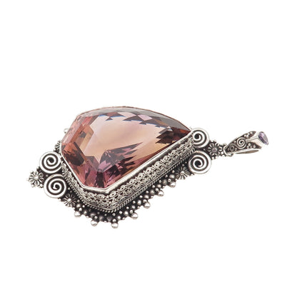 925 Sterling Silver Vintage Real Ametrine Swirl Beaded Large 69.7g Pendant
