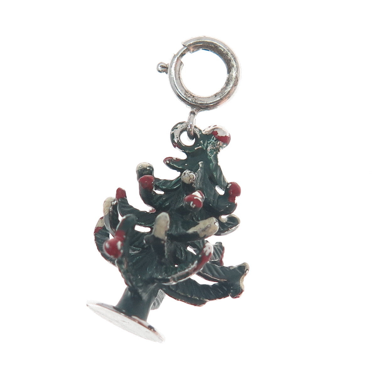 JEWELART Sterling Silver Antique Enamel Christmas Tree Spring Ring Charm Pendant