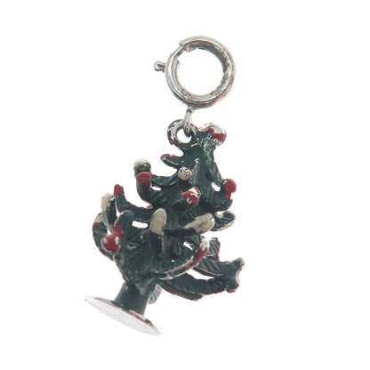 JEWELART Sterling Silver Antique Enamel Christmas Tree Spring Ring Charm Pendant