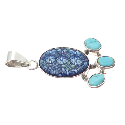 950 Silver Vintage Real Turquoise & Hand-Painted Ceramic Modernist Pendant
