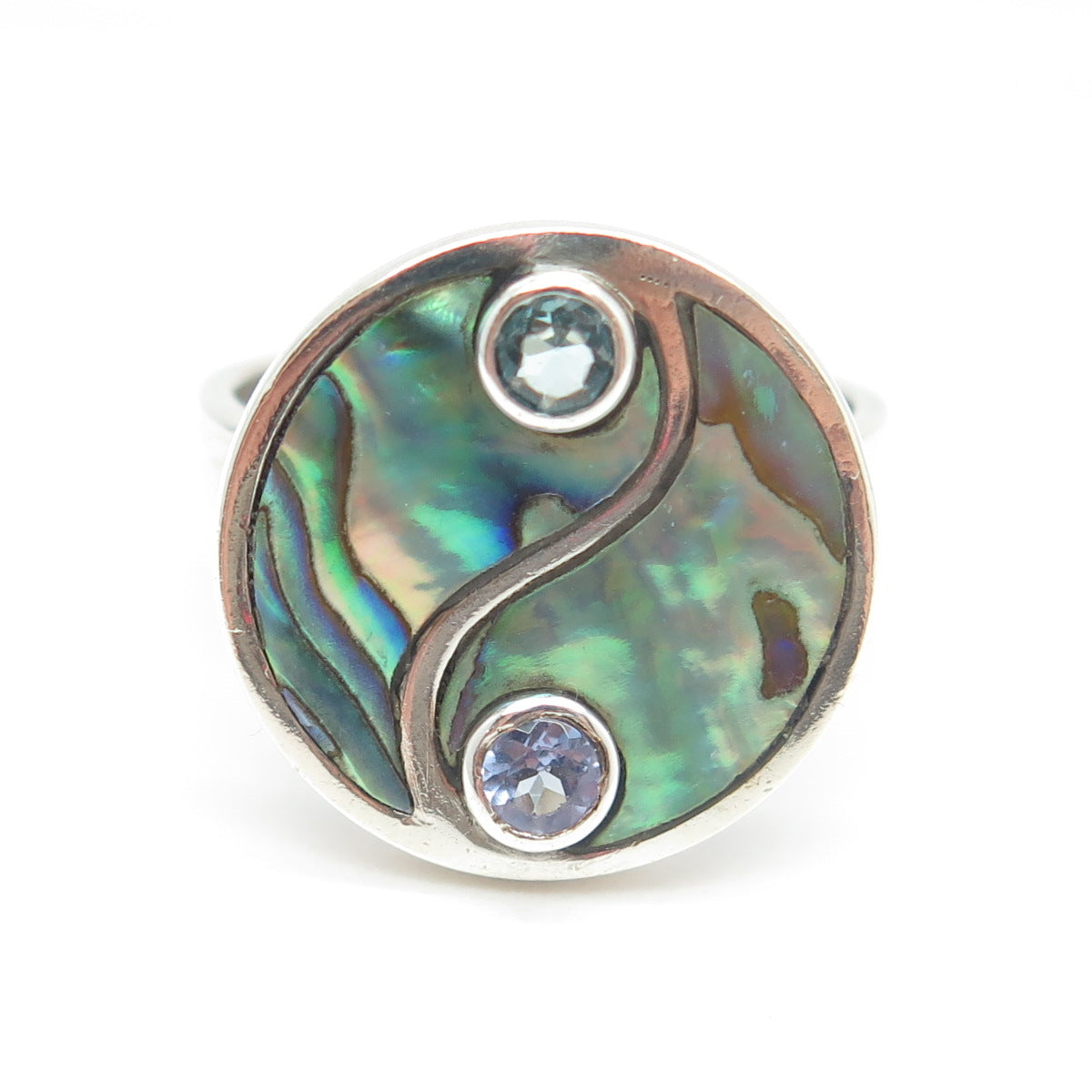 SAJEN 925 Sterling Silver Vintage Abalone Shell Aquamarine Gem Ring Size 9