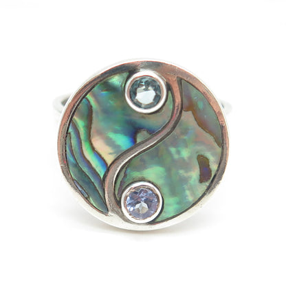 SAJEN 925 Sterling Silver Vintage Abalone Shell Aquamarine Gem Ring Size 9