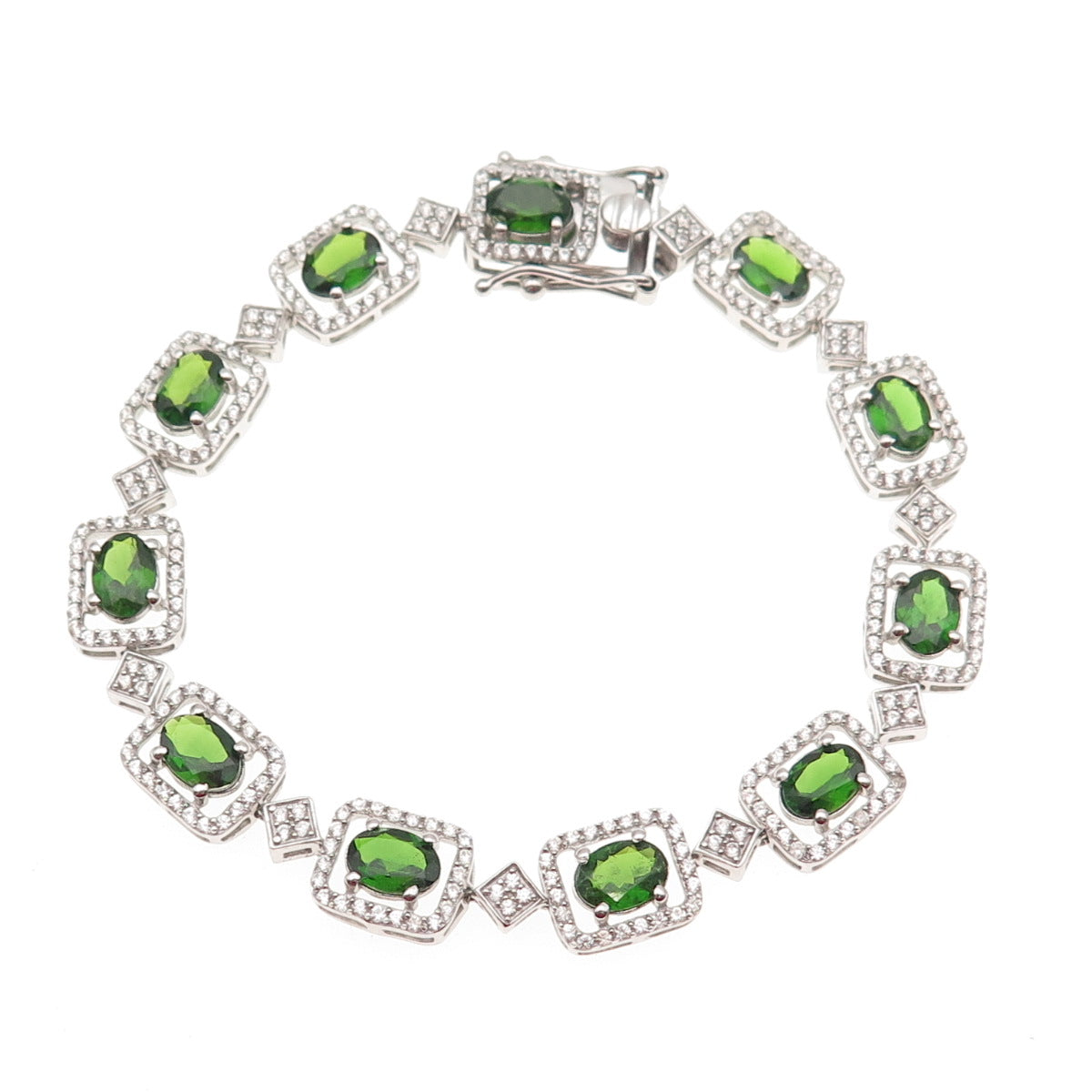 925 Sterling Silver Real Chrome Diopside & White Topaz Bracelet 7.5"