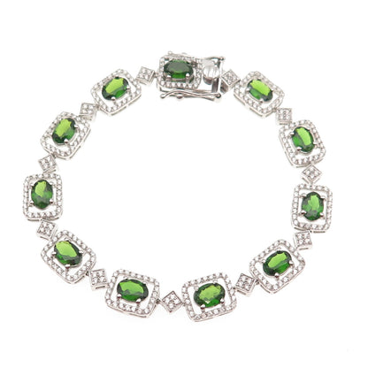 925 Sterling Silver Real Chrome Diopside & White Topaz Bracelet 7.5"
