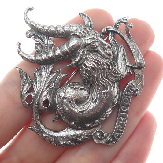 CINI 925 Sterling Silver Vintage Capricorn Zodiac Sign Oxidized Pin Brooch