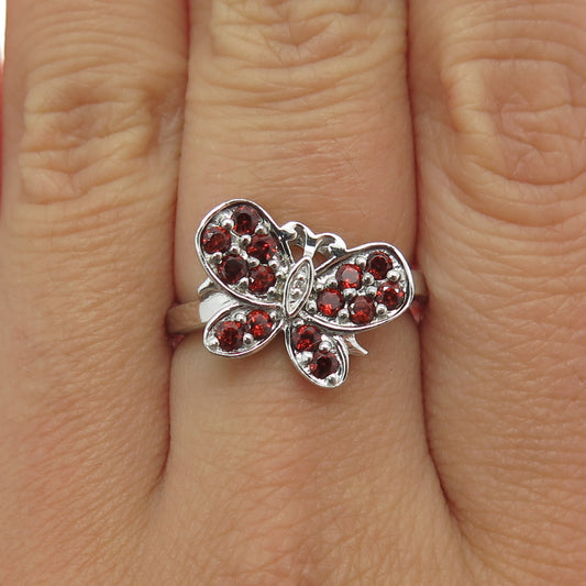 925 Sterling Silver Real Diamond Accent & Red Garnet Butterfly Ring Size 7