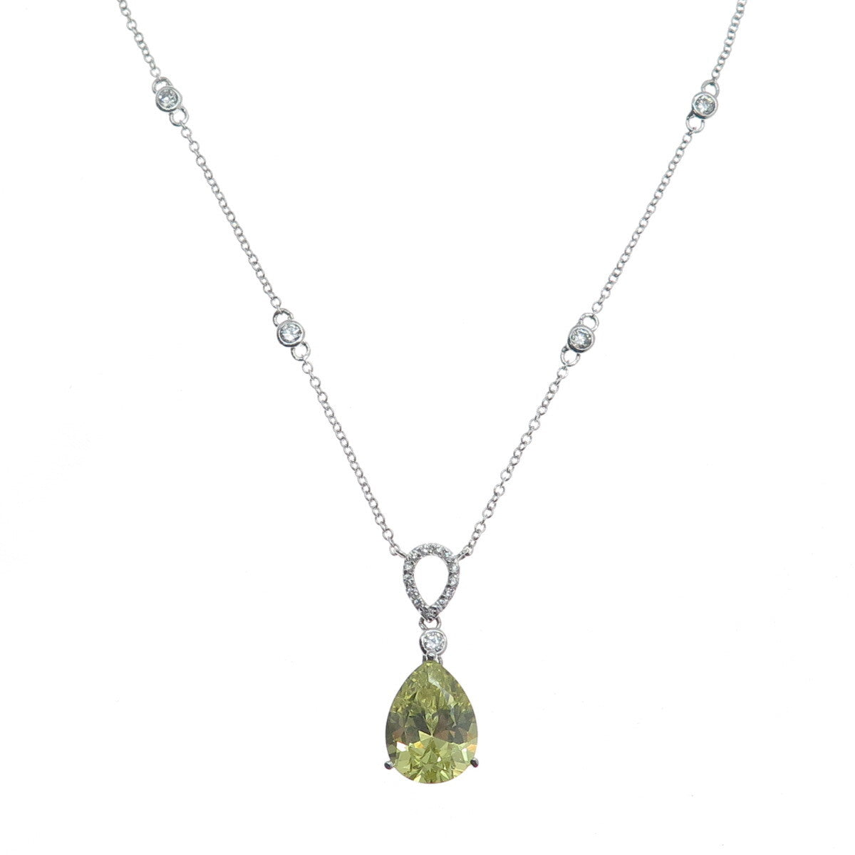 925 Sterling Silver Pear-Cut Lime Citrine Gem & C Z Cable Chain Necklace 18"