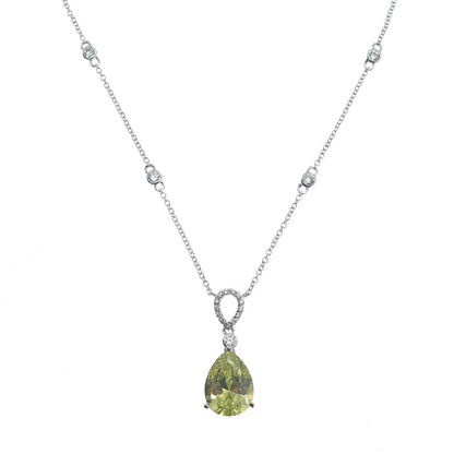 925 Sterling Silver Pear-Cut Lime Citrine Gem & C Z Cable Chain Necklace 18"