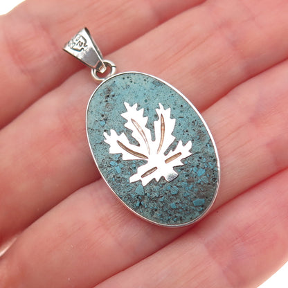 925 Sterling Silver Vintage Mexico Real Turquoise Inlay Cannabis Leaf Pendant