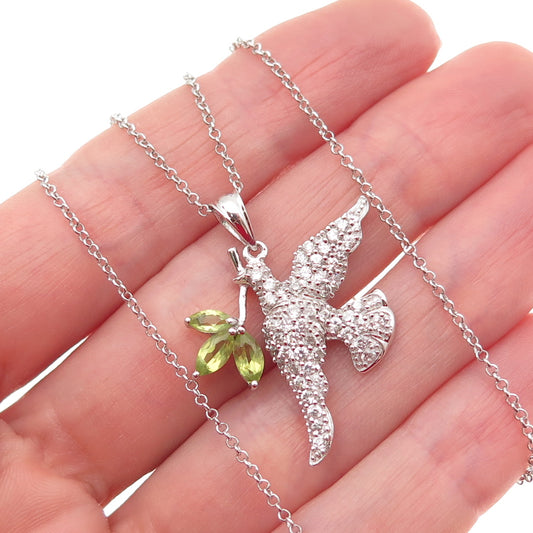 925 Sterling Silver Real Peridot & White Topaz Peace Dove Bird Necklace 16-18"