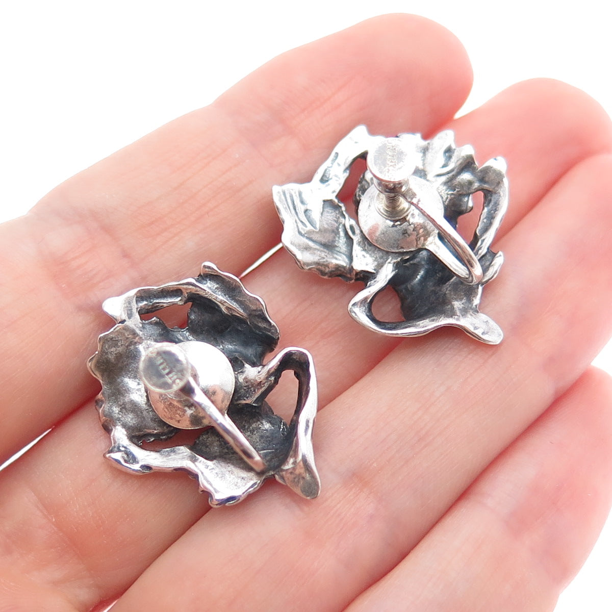 925 Sterling Silver Vintage Calla Lily Flower Oxidized Screw Back Earrings