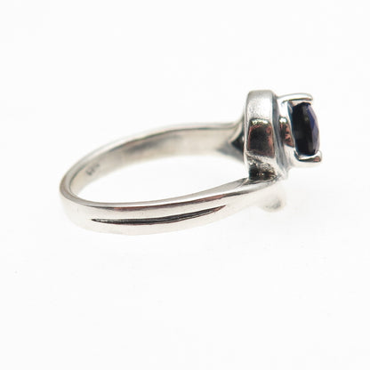 925 Sterling Silver Vintage Pear-Cut Blue C Z Modernist Oxidized Ring Size 6