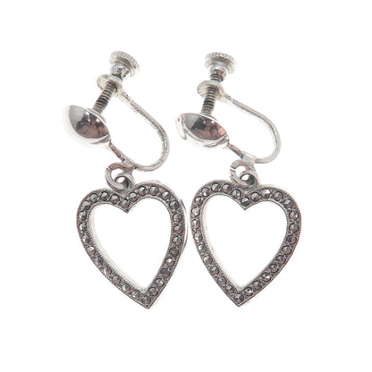 925 Sterling Silver Antique Art Deco Real Marcasite Heart Screw Back Earrings
