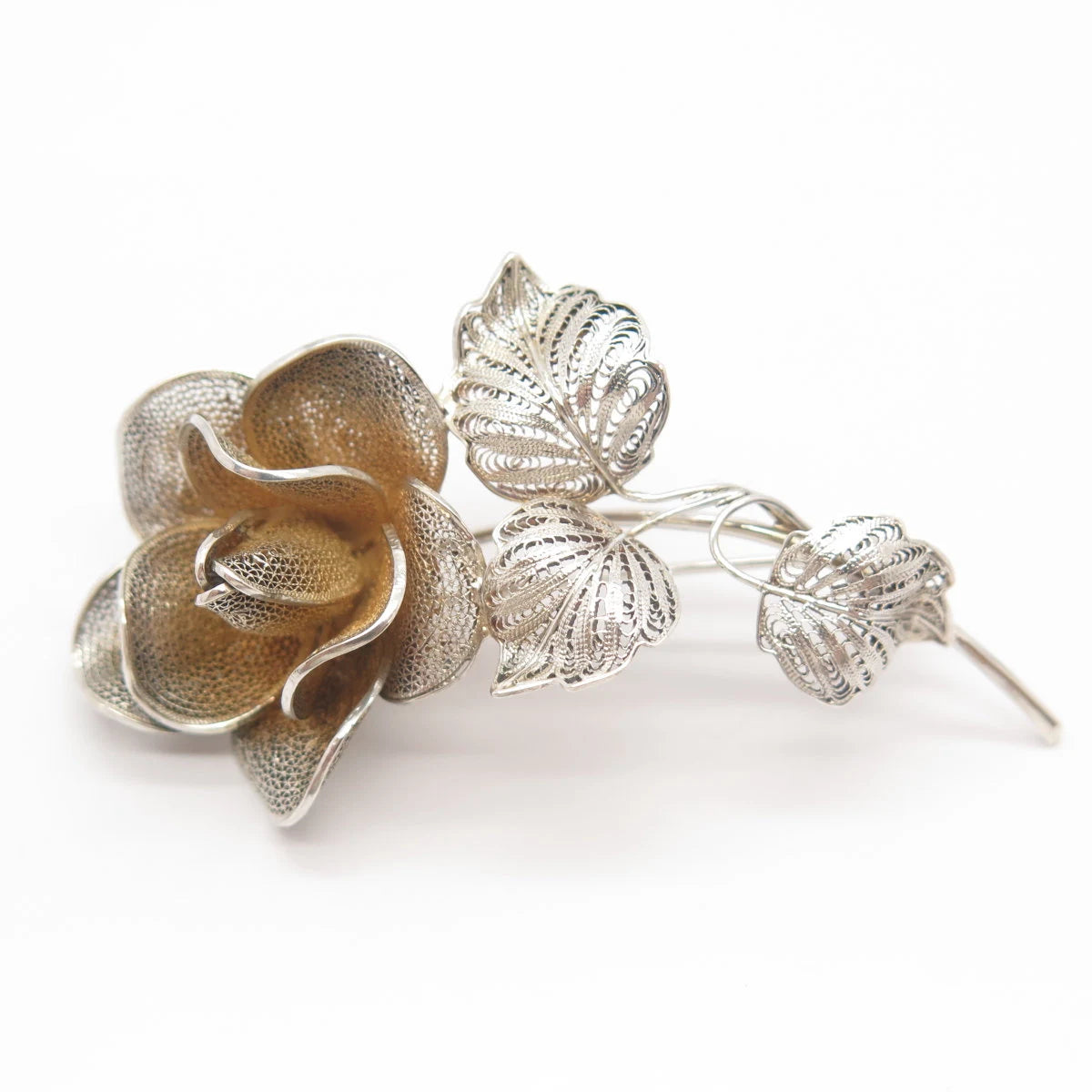 900 Coin Silver Vintage Rose Floral Filigree Pin Brooch