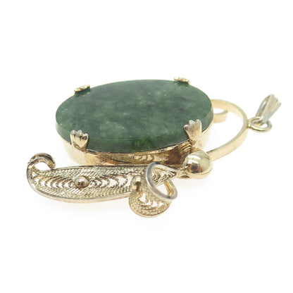 SORRENTO 925 Sterling Silver Gold Plated Vintage Real Jade Filigree Pendant