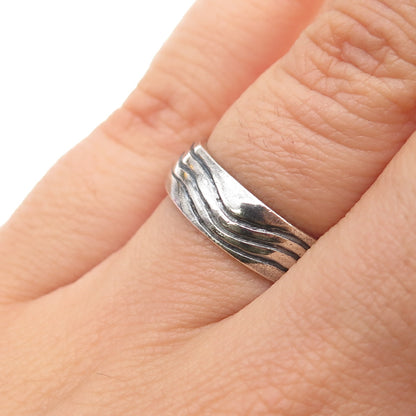 925 Sterling Silver Vintage Modernist Wave Oxidized Band Ring Size 6.25