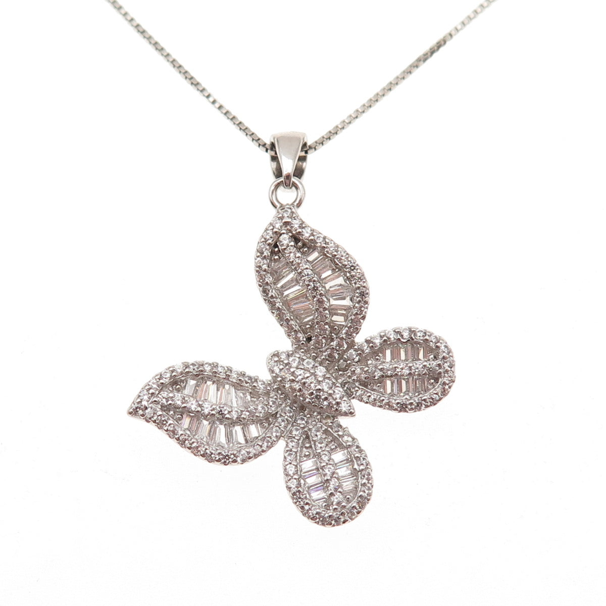925 Sterling Round & Tapered Baguette-Cut C Z Butterfly Box Chain Necklace 18"