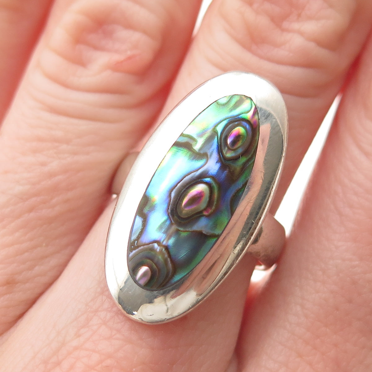 925 Sterling Silver Vintage Real Abalone Shell Modernist Ring Size 7