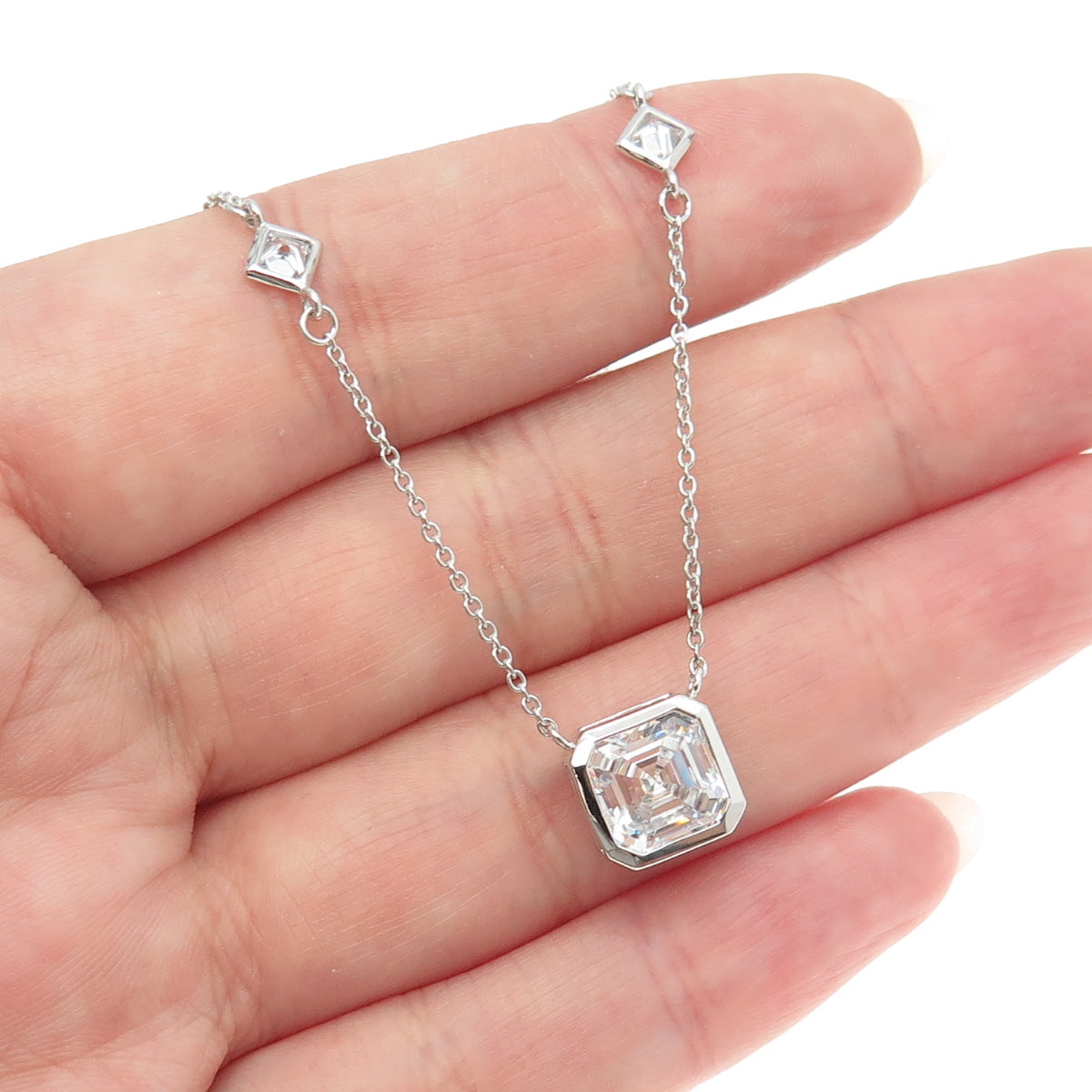 925 Sterling Silver Cushion-Cut Shaped C Z Station Rolo Chain Necklace 16"