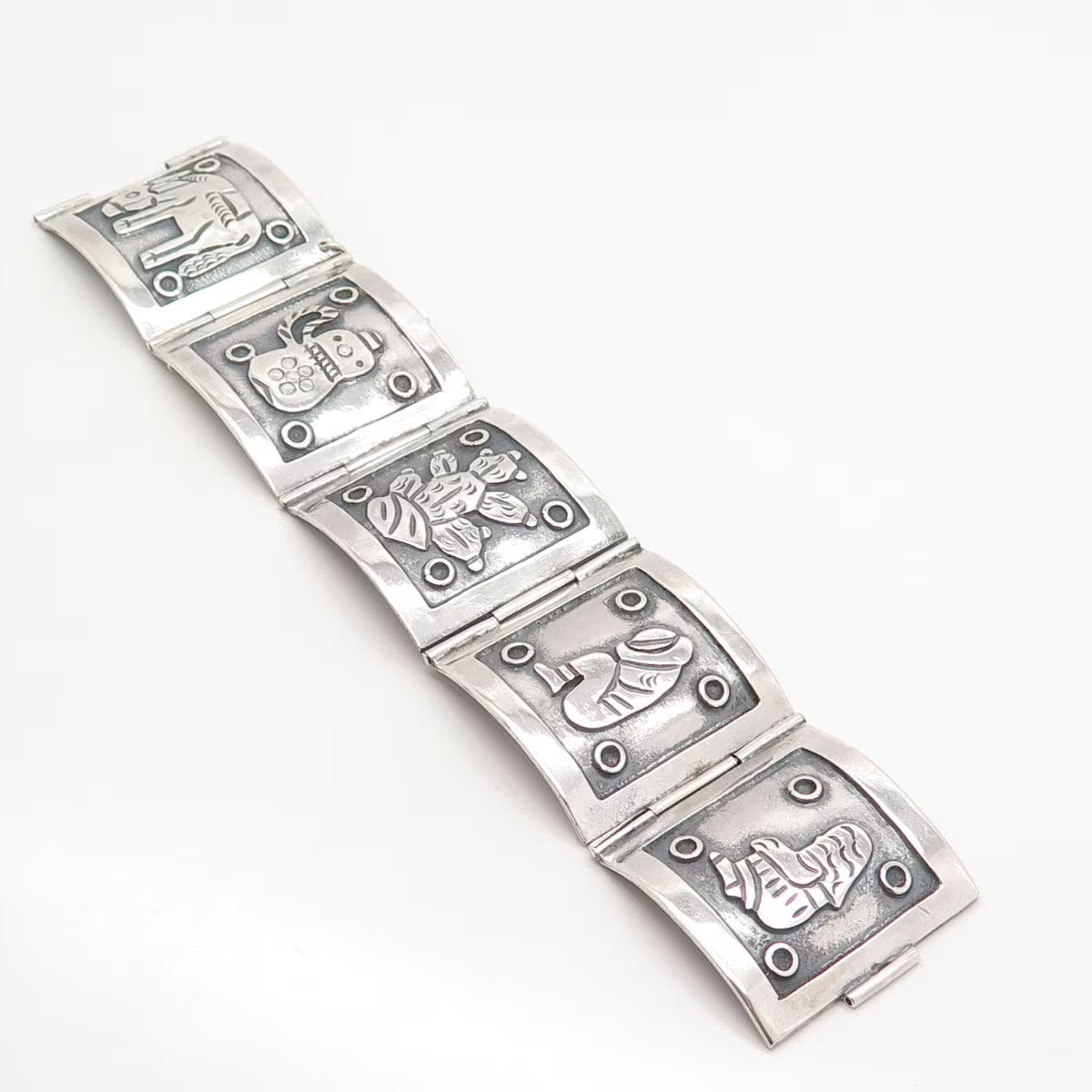 925 Sterling Silver Vintage Mexican Storyteller Wide Panel Link Bracelet 7.25"