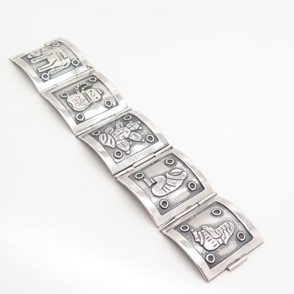 925 Sterling Silver Vintage Mexican Storyteller Wide Panel Link Bracelet 7.25"