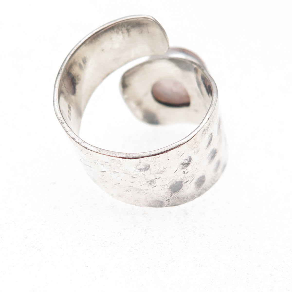 925 Sterling Silver Vintage Real Rose Quartz Hammered Adjustable Ring Size 7.5